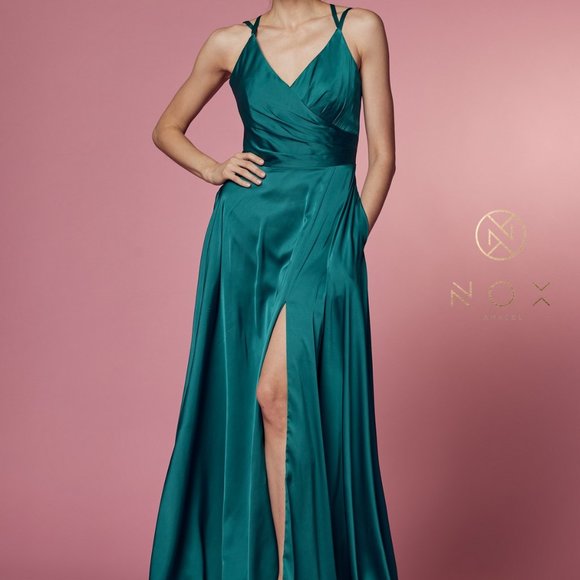 GREEN COLOR SATIN OPEN BACK PROM PARTY A-LINE LONG GOWN DRESS NX1020 - Picture 1 of 7